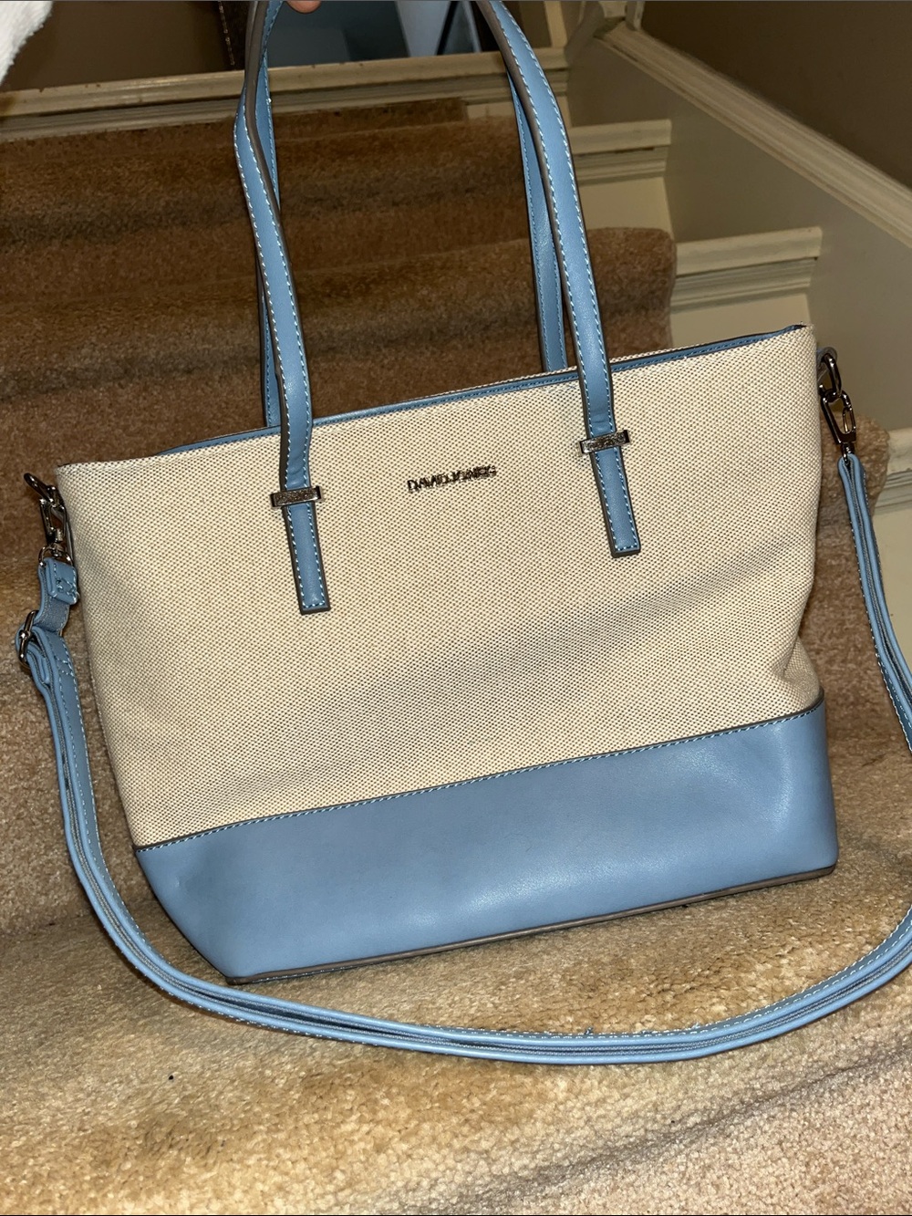 David Jones Cream Canvas Tote with Light Blue Trim